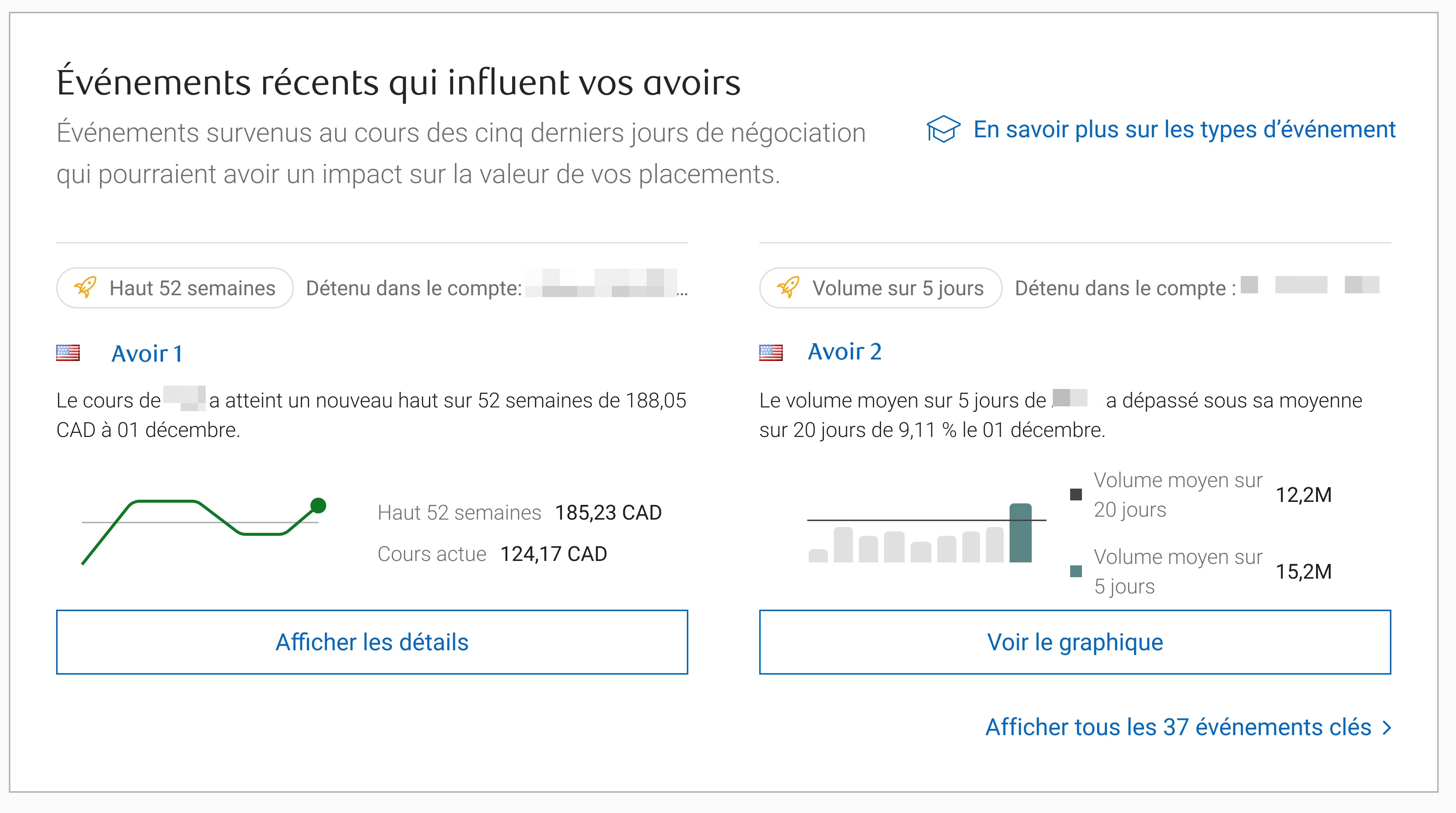 La section Événements récents qui influent vos avoirs de la page d’accueil